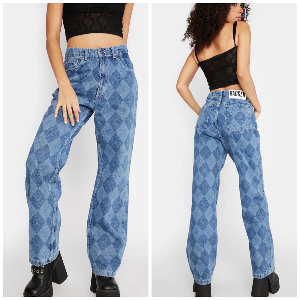 The Ragged Priest Detention Argyle Print High Waist Dad Jean Size 28